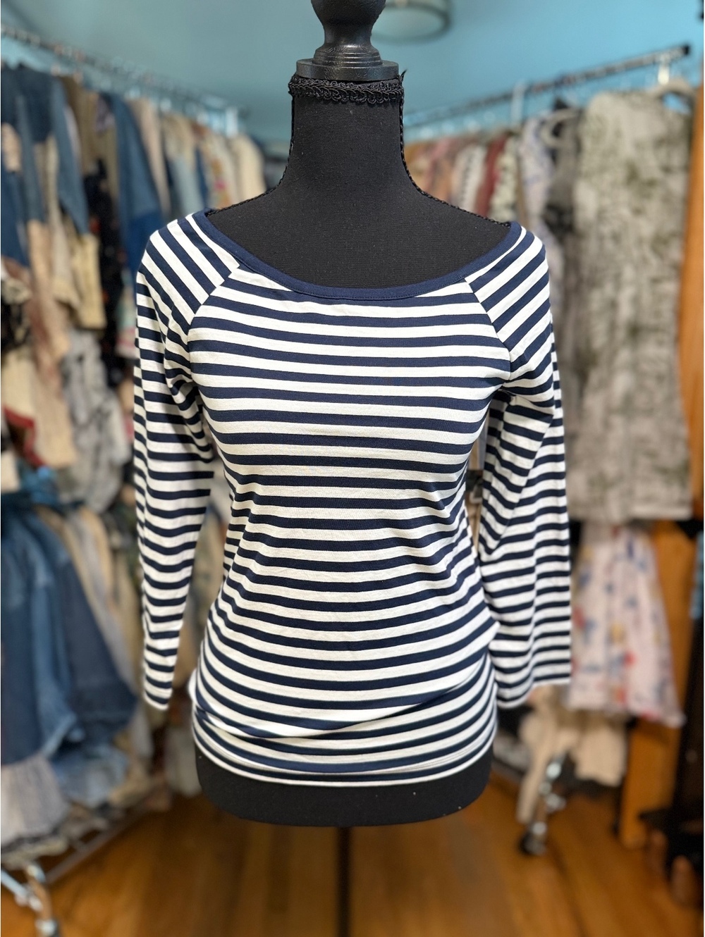 NATION LTD Danika Scoop Neck Tee Navy City Stripe Pima Cotton NWT - Picture 1 of 5